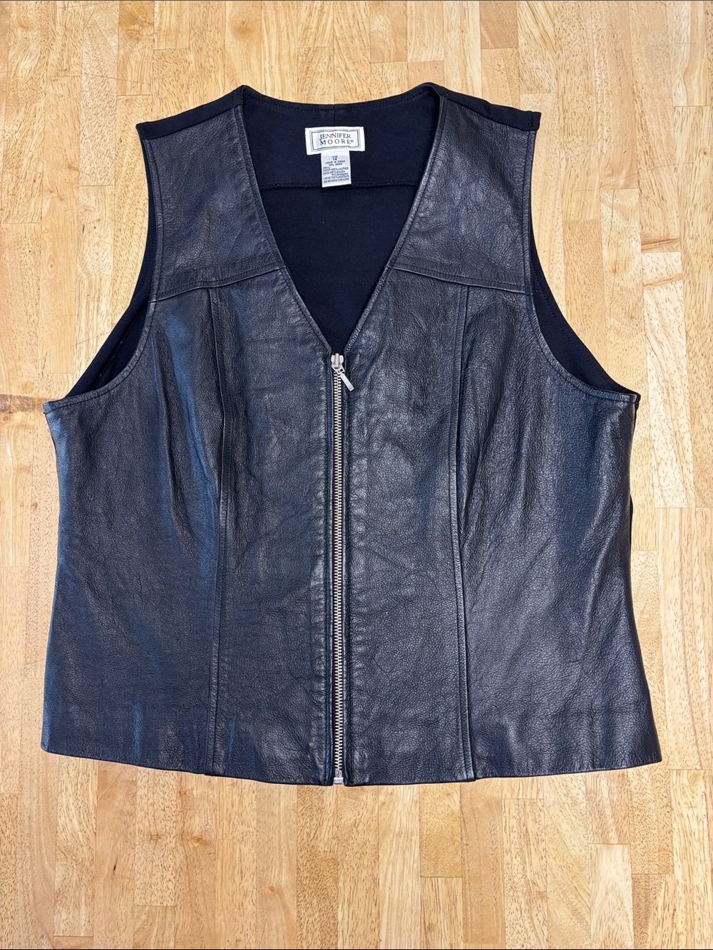 Vintage Jennifer Moore Black Leather Vest 14 Zip Up Stretch Mixed Media Biker